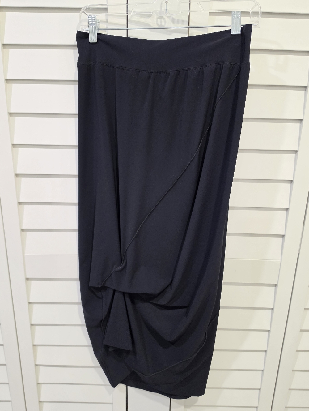 Porto Black Drape Cinch Midi Skirt Italian Fabric Asymmetrical Sz. 1 - Picture 2 of 6